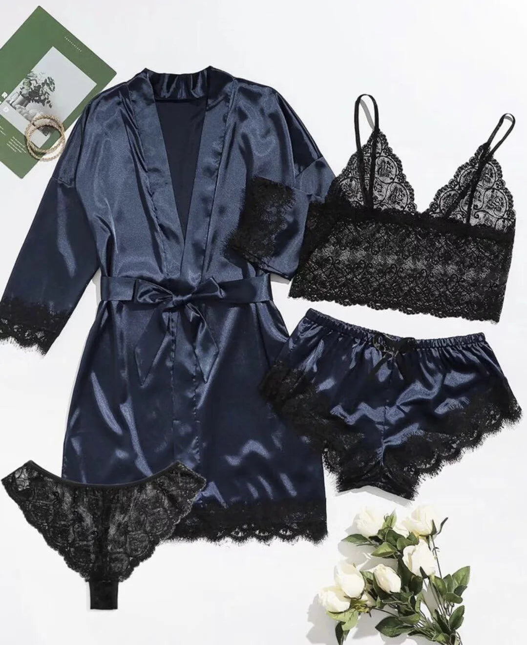 4pcs Women Striped Lingerie Set Lace Trim Robe Camisole Shorts Panties Nightwear Sleepwear Homewear Sexy Pajamas Outfit