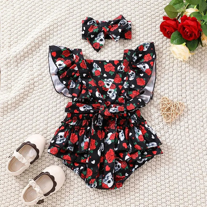 Summer Newborn Baby Clothes Pink Skull Pumpkin Sweetheart Flying Sleeves Triangle Romper Jumpsuit
