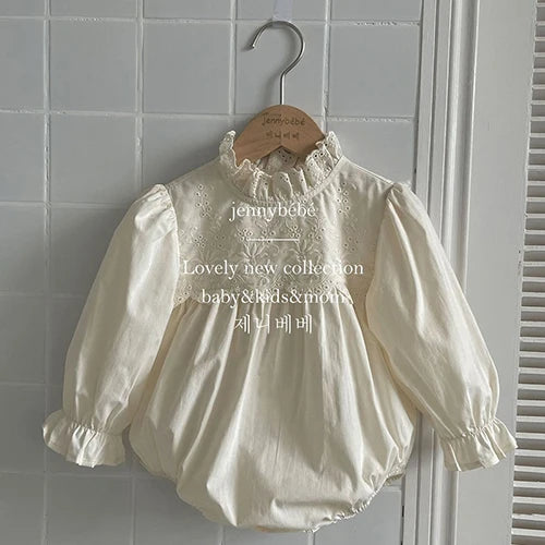 2024 New Spring 0-24M Children Clothes Korean Style Climbing Suit Long Sleeved Cotton Lace Splicing Toddler Baby Girl Romper