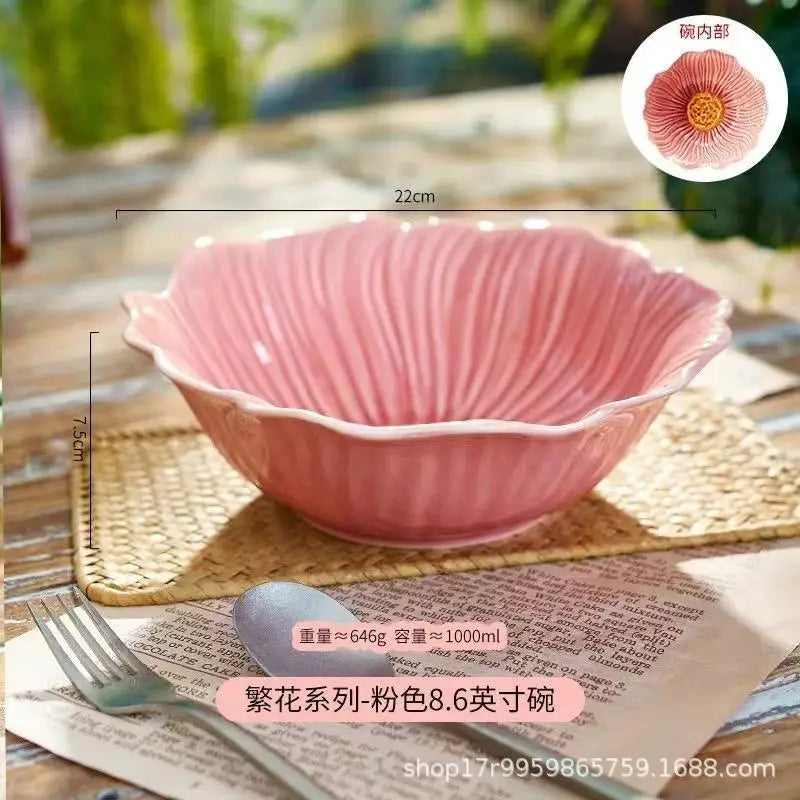 Pink Ceramic Flower Plate Dining Plates Decorative Bowl Dessert Plate Soup Bowls Water Cup Serving Plates Fruit Bowl Snack Bowls
