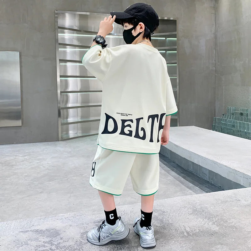 Children Summer Clothing Set For Boys Letter Print Sport Suit Kids Teenager Cotton Outfits Casual Short Sleeve Tracksuit Costume