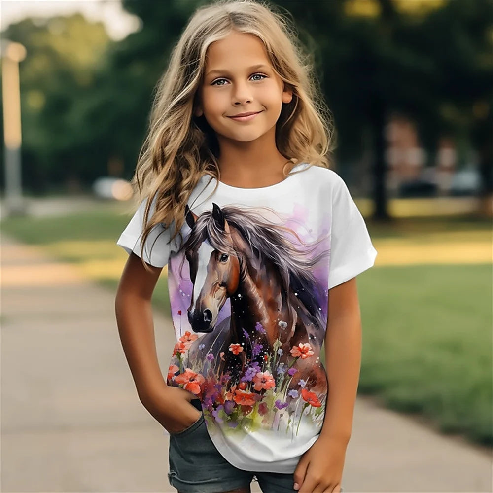 Female Child Clothes 3D Print Cartoon Animal Horse Girl T Shirts Kawaii Girl Summer Outdoor Comforts Short Sleeves Girl T-Shirt