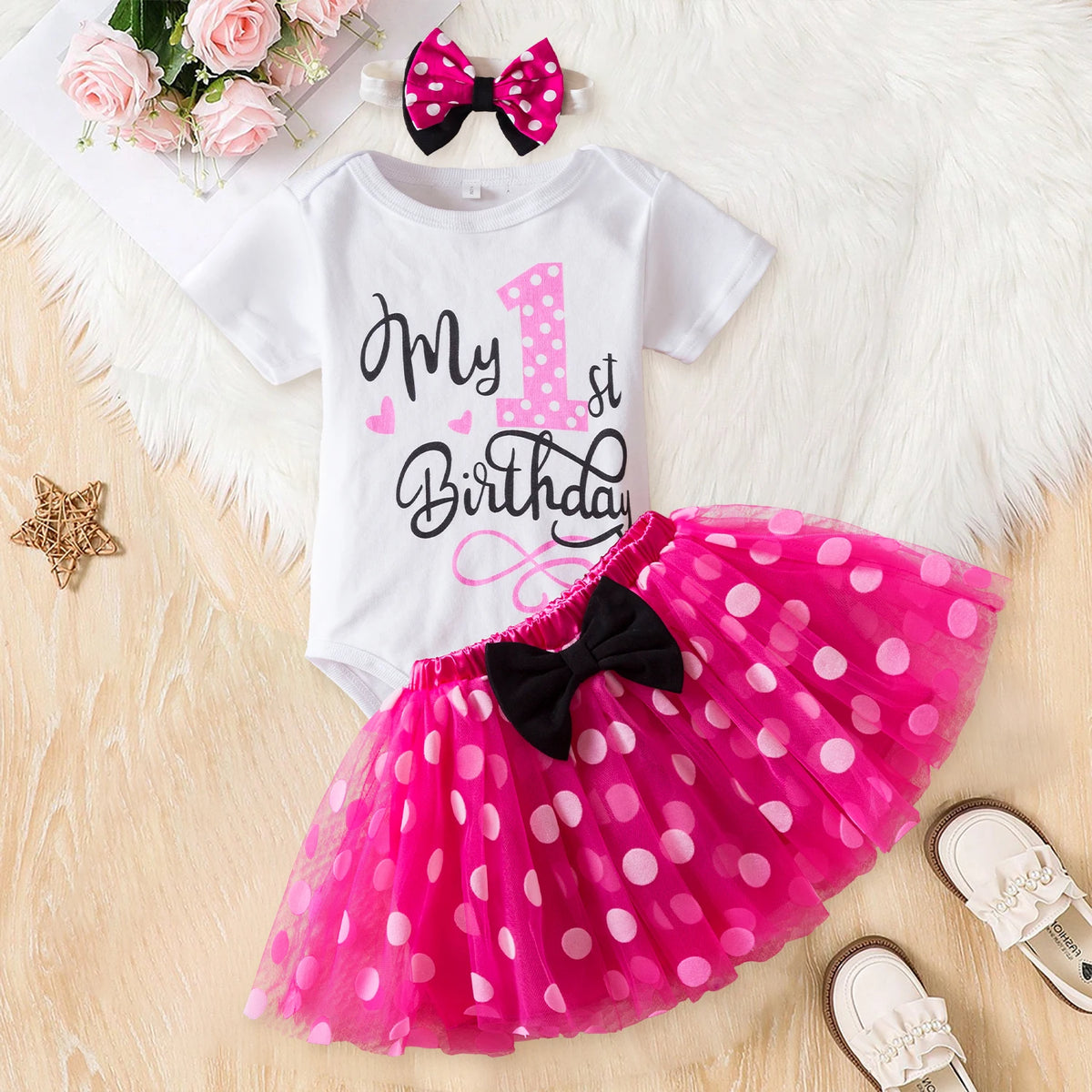 3Pcs Baby Girl 1st Birthday Dress Sets Short Sleeve Top &amp; Polka Dot Skirt &amp; Bow Headband Newborn Outfit Minni Cosplay Dress