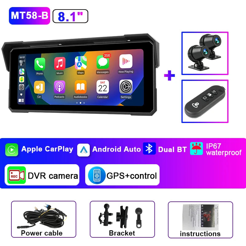 JMCQ Portable 8.1 inch IP67 Waterproof Motorcycle 4K DVR GPS Navigation Wireless Carplay Android Auto Moto Recorder Monitor