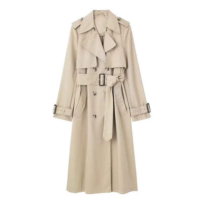 TRAFZA Women's Fashion Autumn Slim Trench Coats, Solid Color, Turn-Down Collar, Long Sleeves, Belt Decoration, Double Breasted.