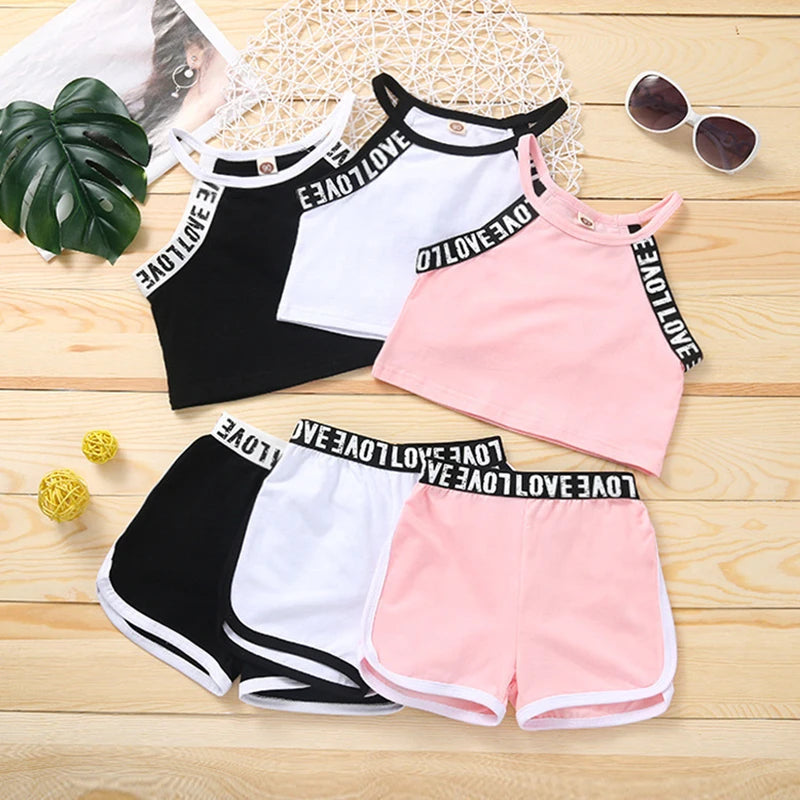 Trendy Summer Children's Sports Clothing Set 2-6Y Patchwork Letter Camisole and Shorts 2Pcs for Girls Kid's Casual Vest Outfit