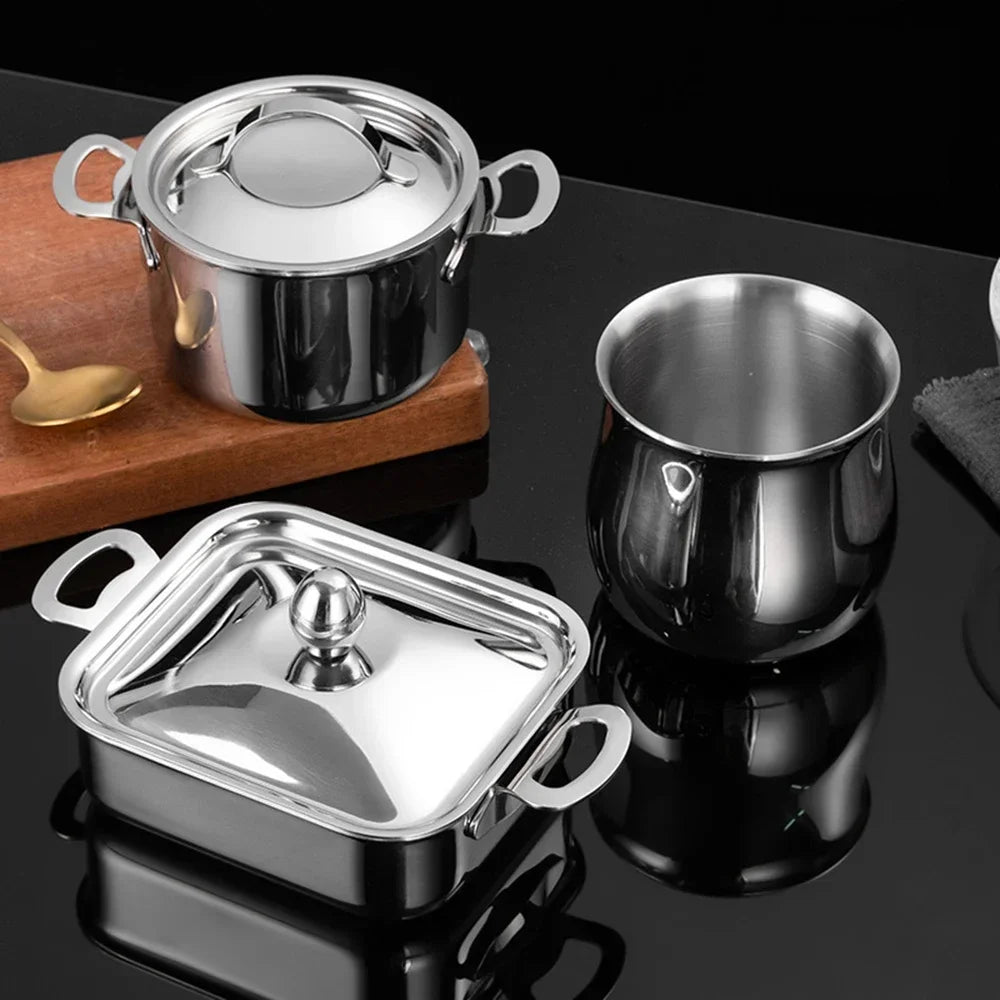 304 Stainless Steel Mini Soup Pot with Lid Double Handle Stock Pots Cookware for Single Person Household Kitchenware