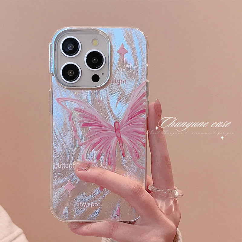 Luxury Pink Butterfly Laser Glitter Phone Case For iPhone 11 12 13 14 15 16 Pro Max Plus Pro Max Fashion Shockproof Bumper Cover