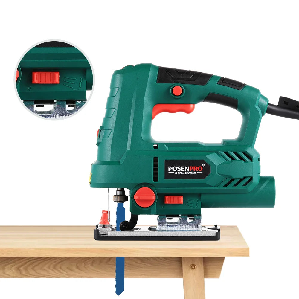 800W Jigsaw 6 Speeds 4 Orbital Positions Quick Blade Change Dust Blow Function ±45° Cutting Angle Includes Dust Pipe Guide Ruler