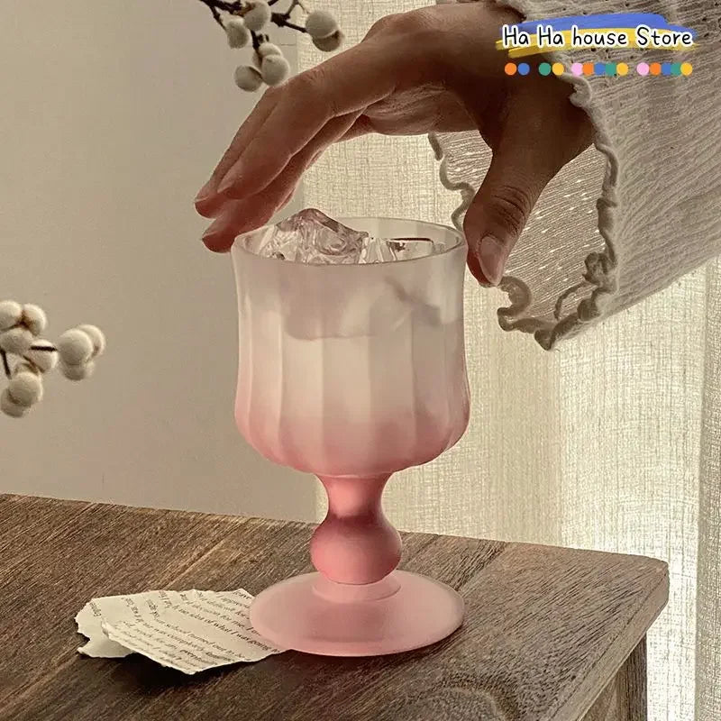 Matte Gradient Powder Pleated High Footed Glass Cup High Aesthetic Glass Red Wine Champagne Glass High-value Pink Goblet