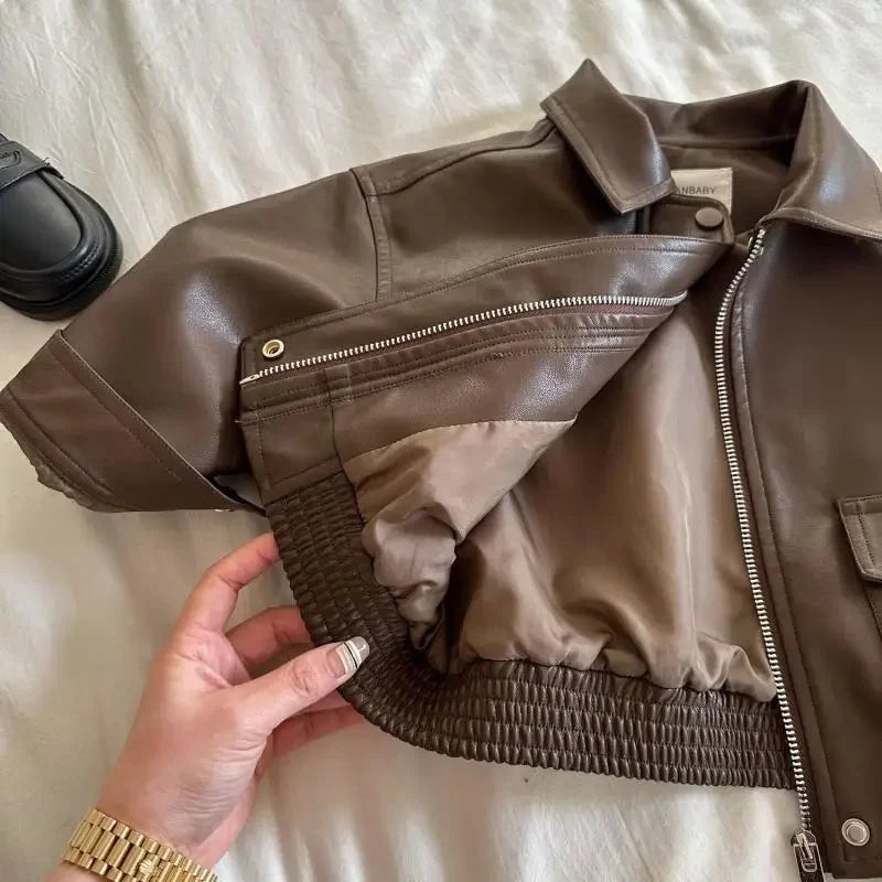 2-10Y Baby Boys Girls Zipper Jackets Brown PU Leather Lapel Collar Coats Korean Style Autumn Single Breasted Toddler Cardigans