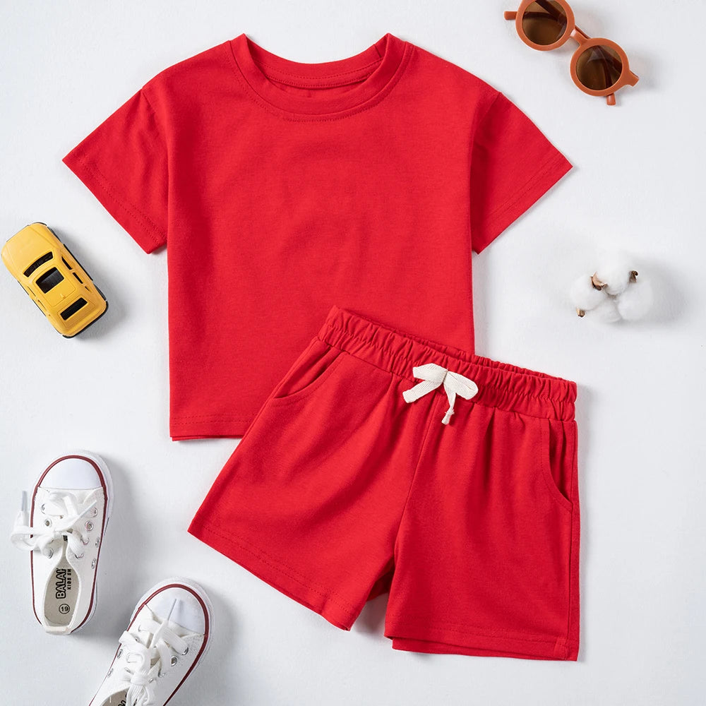 Children New Summer Sets Toddler Boy Girl Solid Sports T-shirts and Shorts 2pcs Set Kids Casual Tracksuits Suits 0-6Y