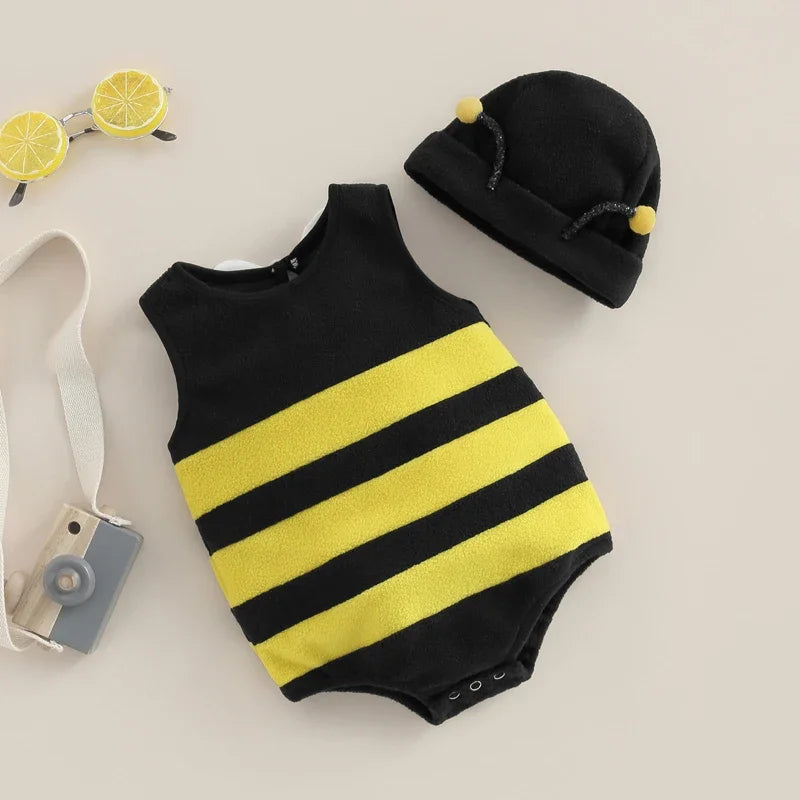 Baby Boys Girls Bee Romper Stripe Sleeveless Back White Wing Decor Jumpsuits Casual Costume Clothes Infant Bodysuits with Hat