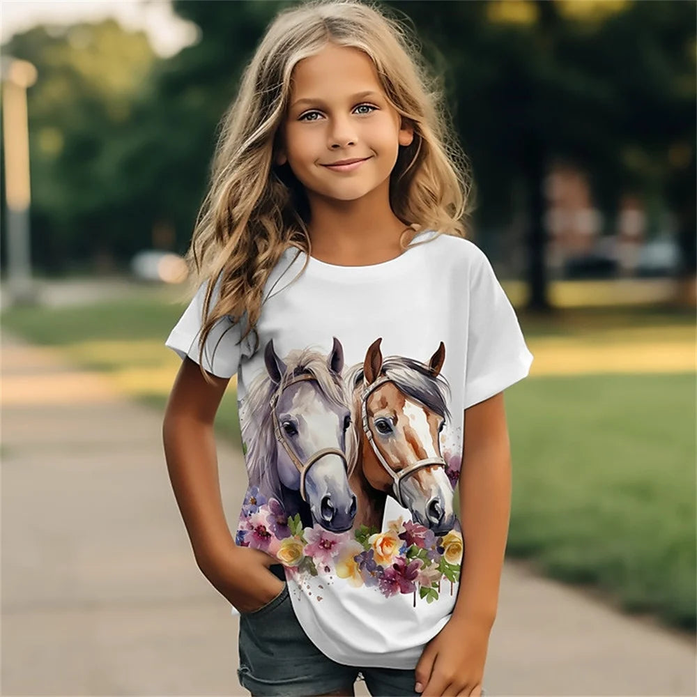 Female Child Clothes 3D Print Cartoon Animal Horse Girl T Shirts Kawaii Girl Summer Outdoor Comforts Short Sleeves Girl T-Shirt