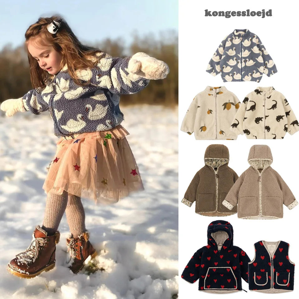 Konges Slojd Winter Baby Girls Boys Lambswool Cherry Jackets Kids Clothes Boys Sequin Cartoon Outerwear Children's Coats 1-9Yrs