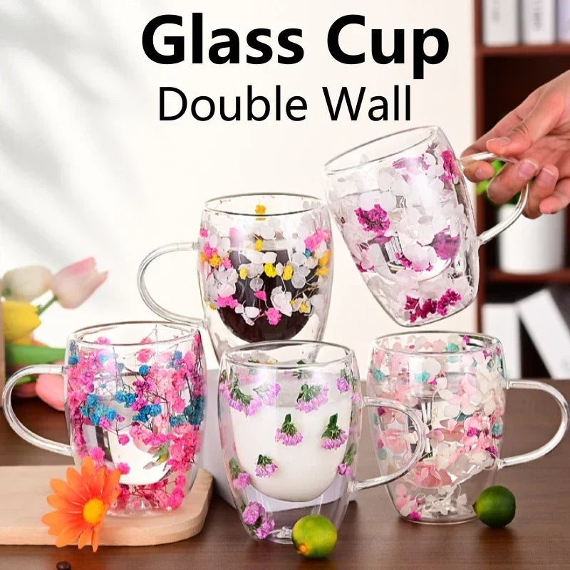 1PCS 300ml Double Wall Glass Cup with Handle Dried Flower Decorated Ins StyleDurable Coffee Milk Mug Heat Resistant Tea Cups