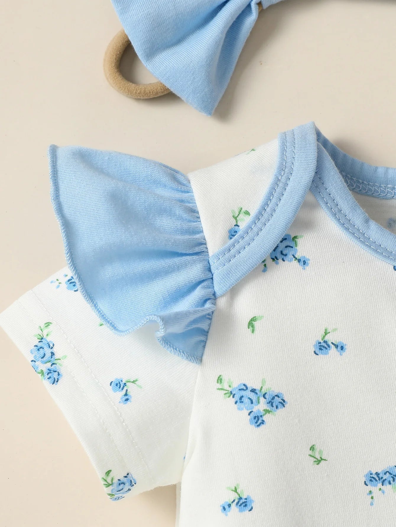 5PCS Girls Baby short Sleeve Printing Flower Cute For Daily BodySuit +Bow headwear+Bib+Gloves