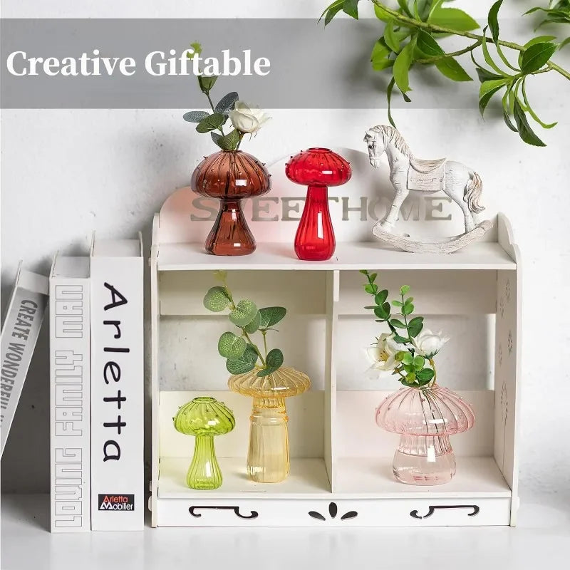 5Pcs/set Colored Glass Mushroom Vase DIY Aromatherapy Bottle Funky Cottagecore Decor for Home Room Office Windowsill Decoration