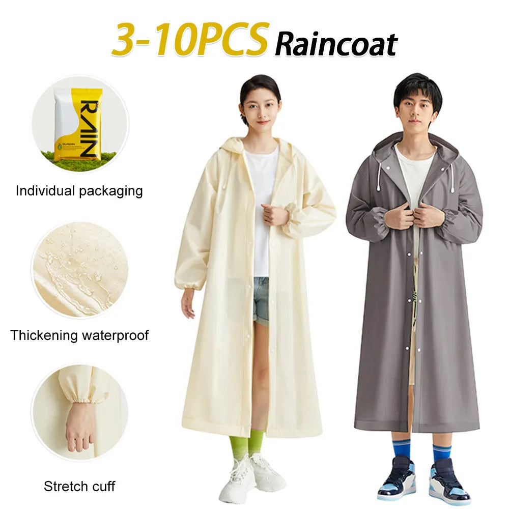 3-10PCS Disposable Adult Long Raincoat Windproof Hooded Rain Poncho Drawstring Long Hooded Rain Coats for Travel Emergency