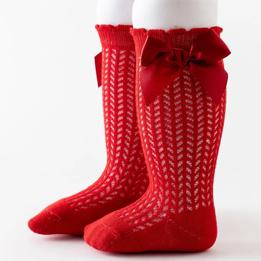 Limit quantity 0-2Y Children Girls Royal Style Bow Knee High Fishnet Socks Baby Toddler Bowknot Socks Kid Hollow Out Sock Sox