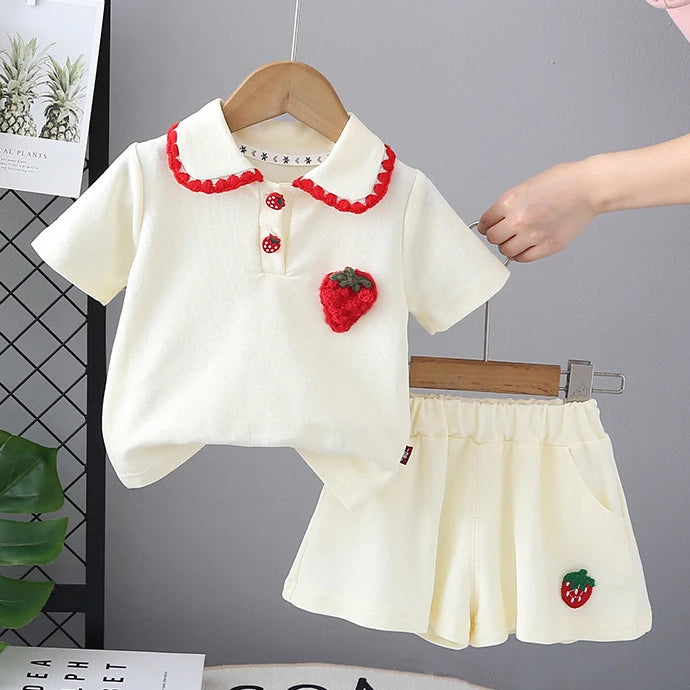 MILANCEL New Summer Kids Clothes Set Girls Cute Strawberry Polo Shirt +Shorts Children Doll Collar Outwear 2PCS