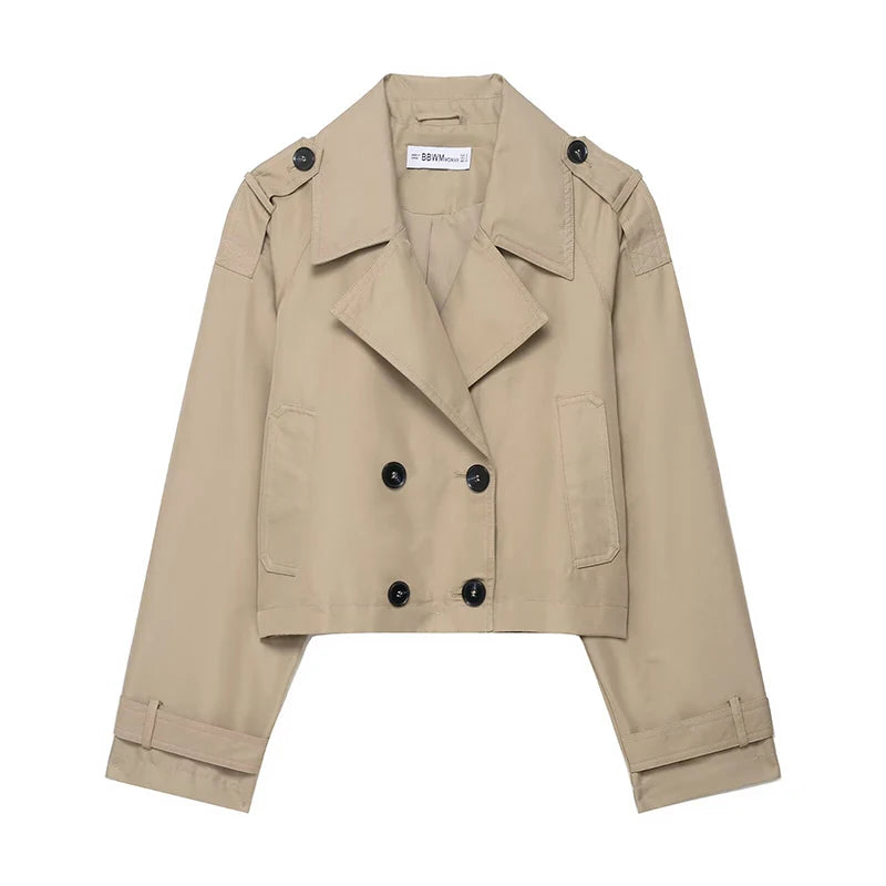 RAFZNB Women's Fashion Double-Breasted Short Trench Coat, Turn-Down Collar, Long Sleeves, Vintage Female Outerwear, Chic Tops