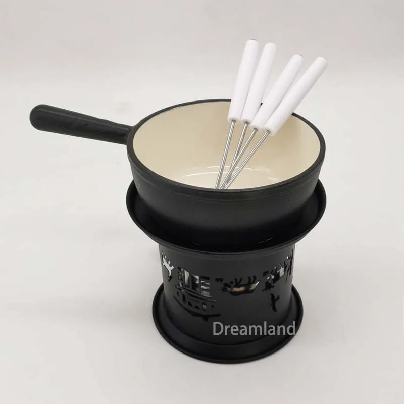 14cm Mini Enameled Cast Iron Fondue Cheese Hotpot with Alcohol Stove