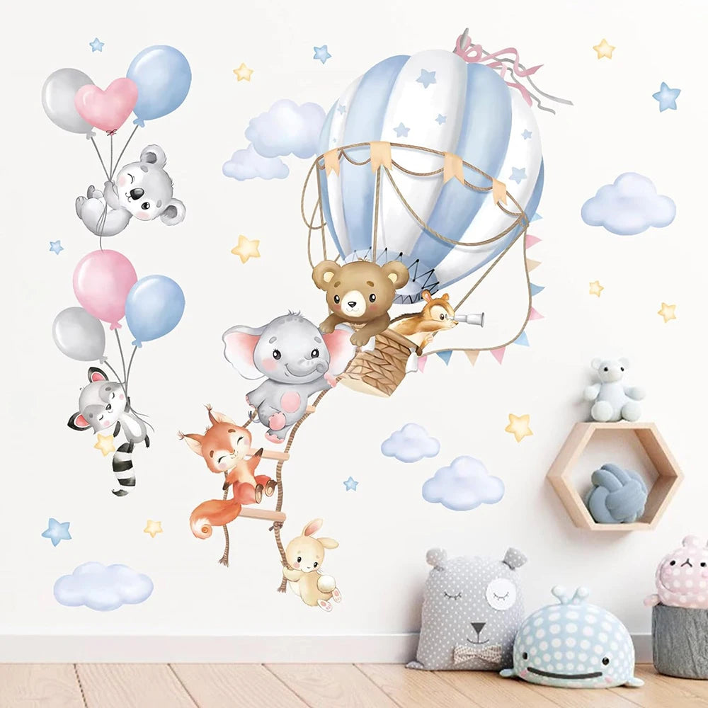 Large Hot Air Balloon Animals Wall Sticker Baby Nursery Kids Room Bear Elephant Fox Wall Decal Playroom Bedroom Home Decor