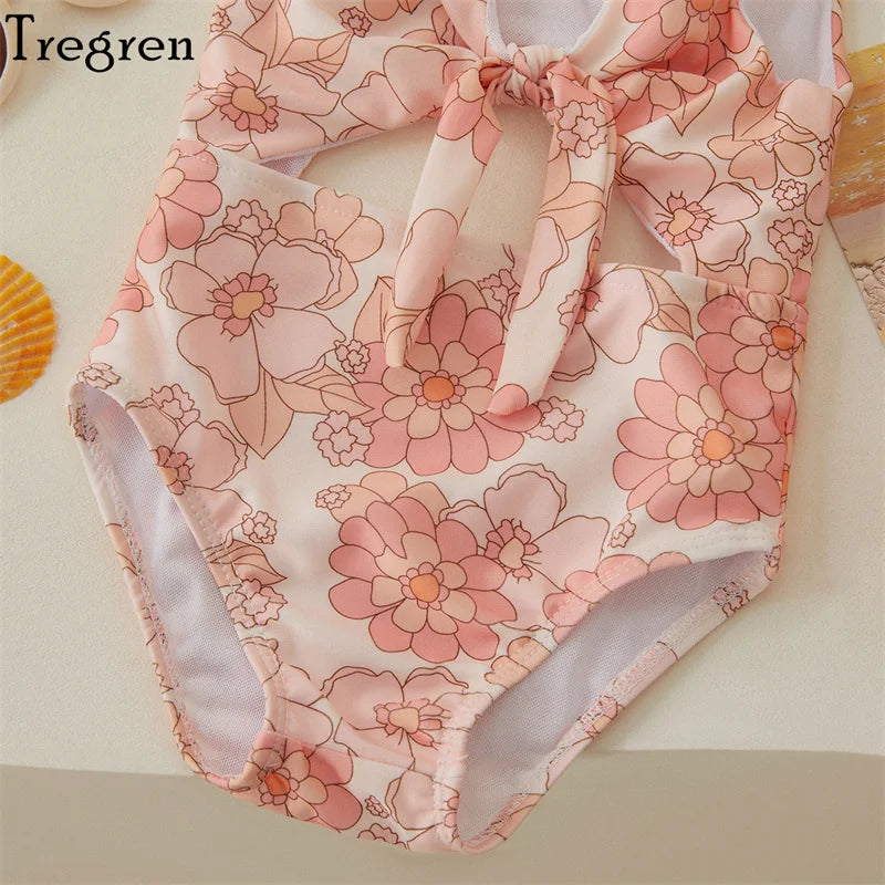 Tregren Toddler Baby Girls Swimwear Summer Sleeveless Floral/Shell Print Hollow Bathing Suit Swimming Pool Hot Spring Swimsuit