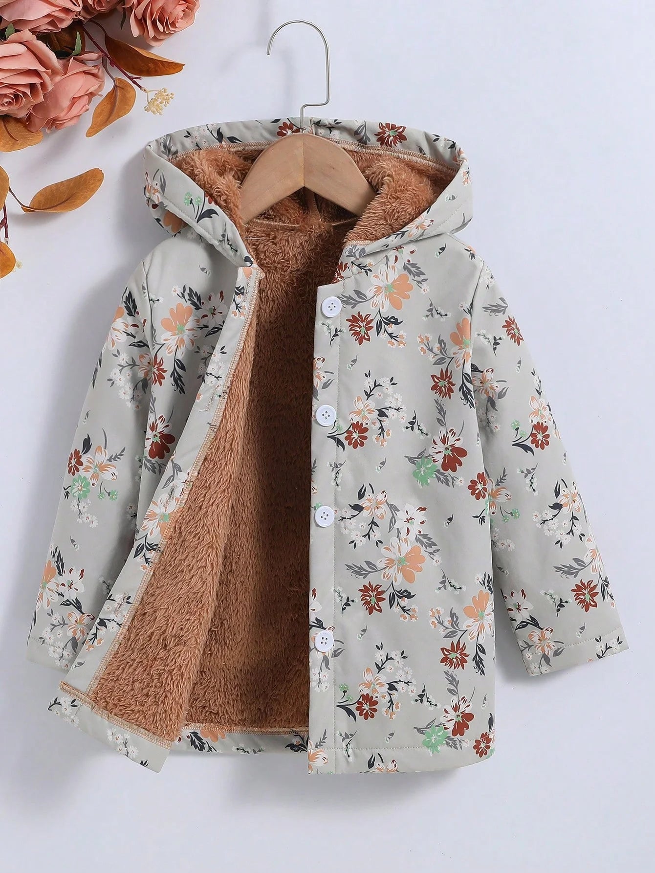 Fall/Winter Girls' Fleece Hooded Single-Breasted Floral Print Coat Holiday School Thermal Jacket Top