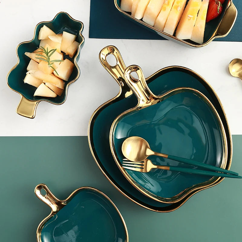 Nordic Light Luxury Plate Storage Plate Home Creative Breakfast Plate Tableware Golden Edge Double Ear Plate Kitchen Supplies