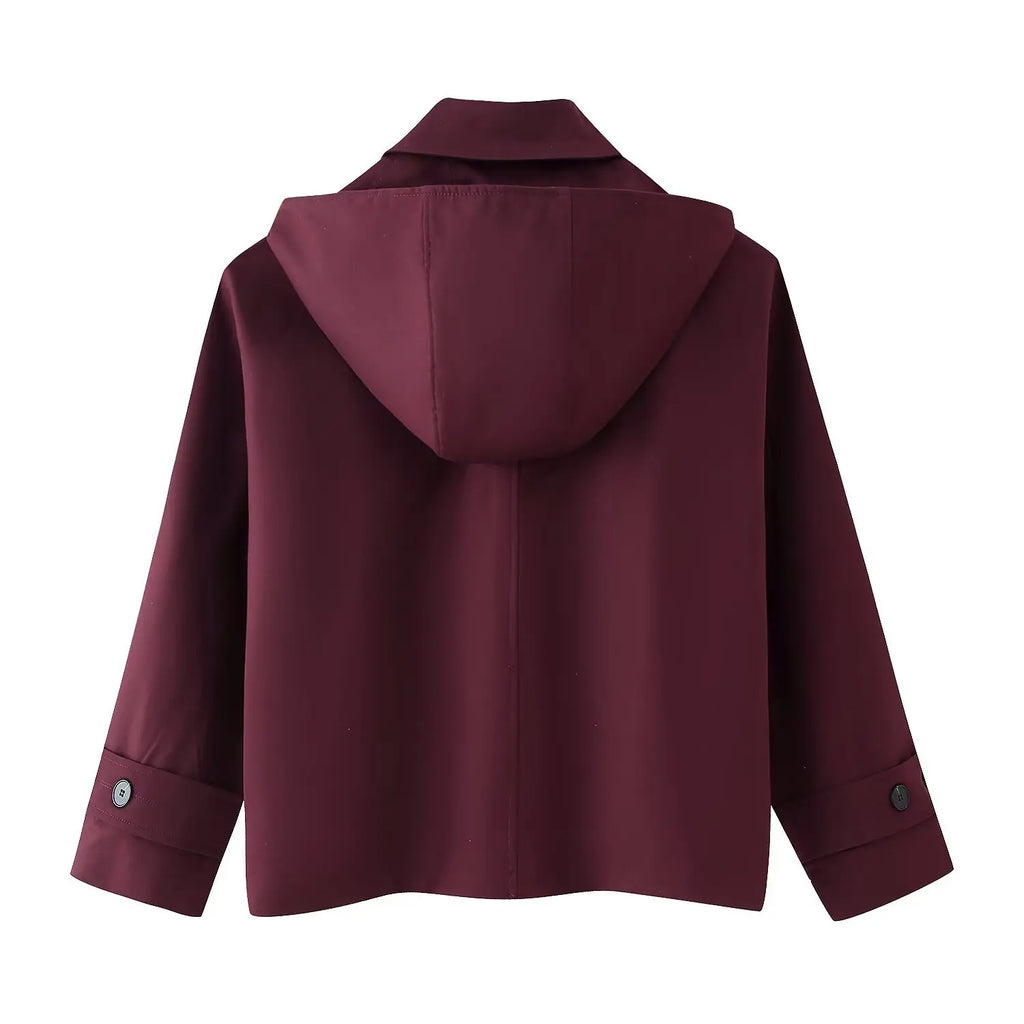 Spring 2025 new women's versatile lapel single-breasted long sleeve pocket hooded windbreaker jacket