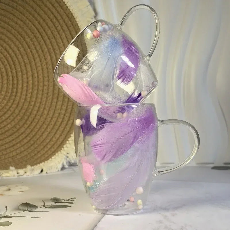 250/350ML Feather Design Glass Cup with Handle Double Layer Coffee Cup Transparent Heat Resistant Home Office Exquisite Gift Cup