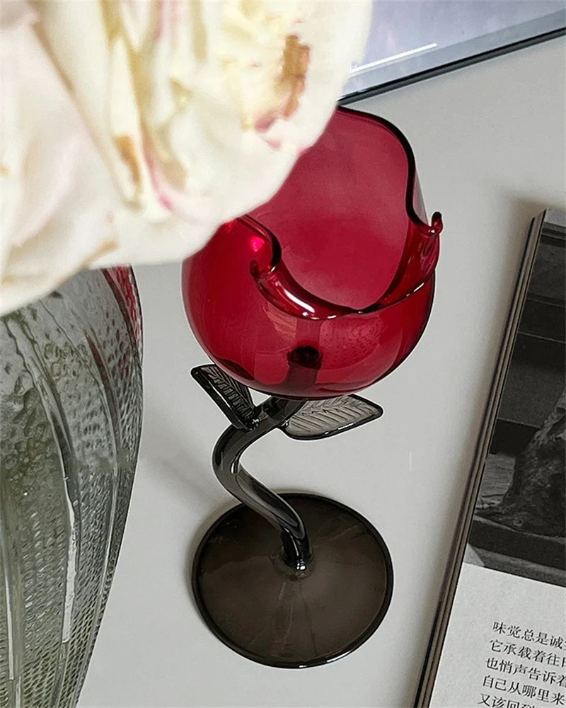 Rose Shape Transparent Glass with Transparent Leaf Cocktail Glass Valentine's Wedding Table Decoration Gift Wine Cup