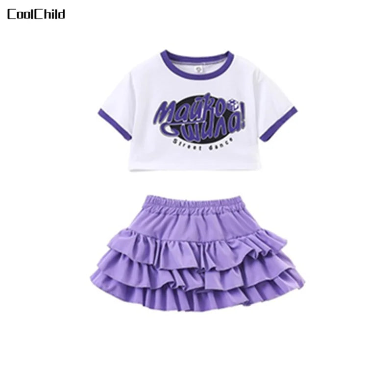 Girls Cute Summer Streetwear Children Hip Hop Crop Top Purple Tiered Skirts Clothes Sets Kids Teens Street Dance Jazz Costumes