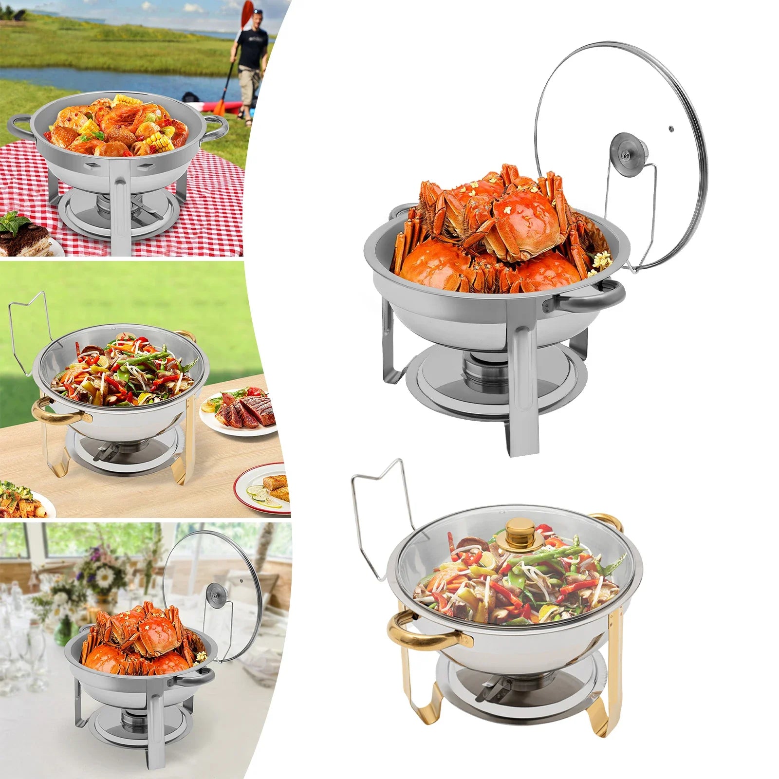 Stainless Steel Chafing Dish Buffet Set, 5L Desktop Round Stove with Food Tray Water Tray and Clear Lid, Chic Home Accessories