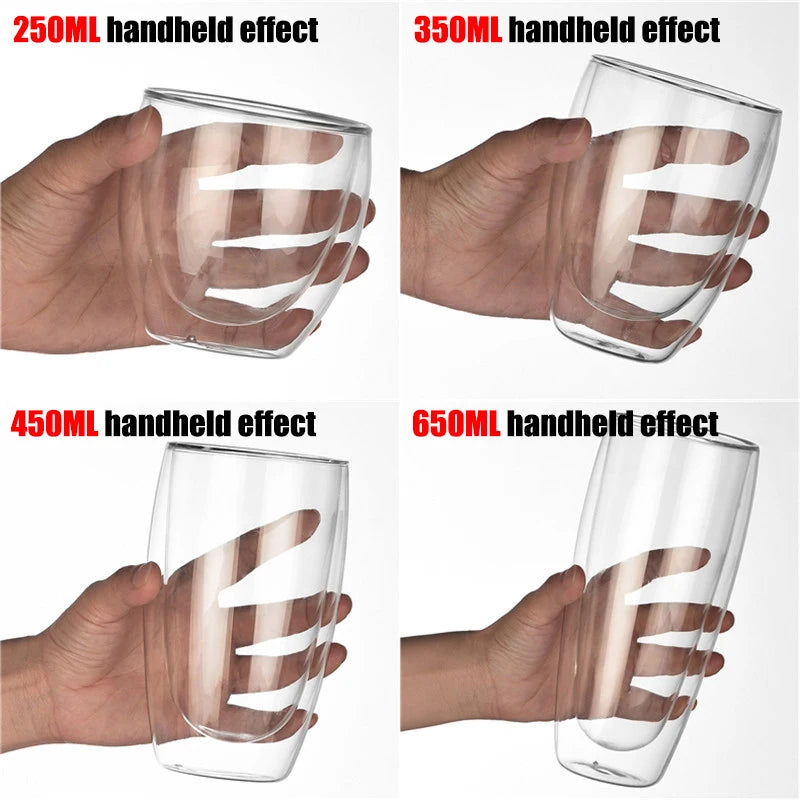 1-6PCS 80-650ml Double Wall Glass Clear Handmade Heat Resistant Tea Cups Healthy Drink Coffee Milk Mug Insulated Shot Glass Gift