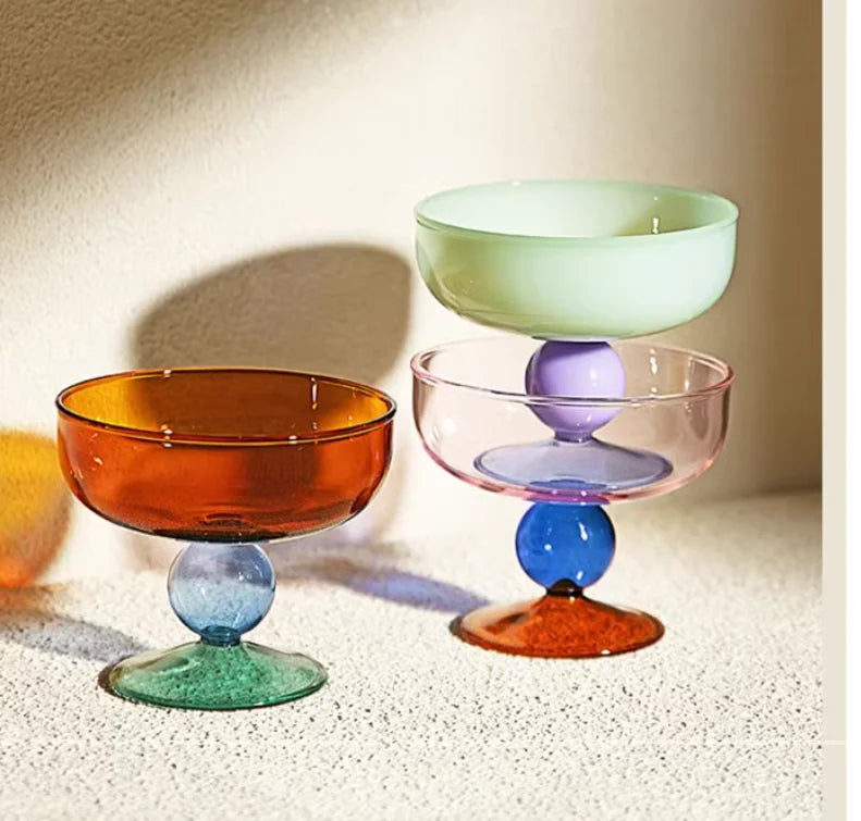 Round Bowl Goblet Dessert Glass Mug S-shaped Cup Stem Ice Cream Bowl Cup Milkshake Dessert Cup Colored Borosilicate Glass