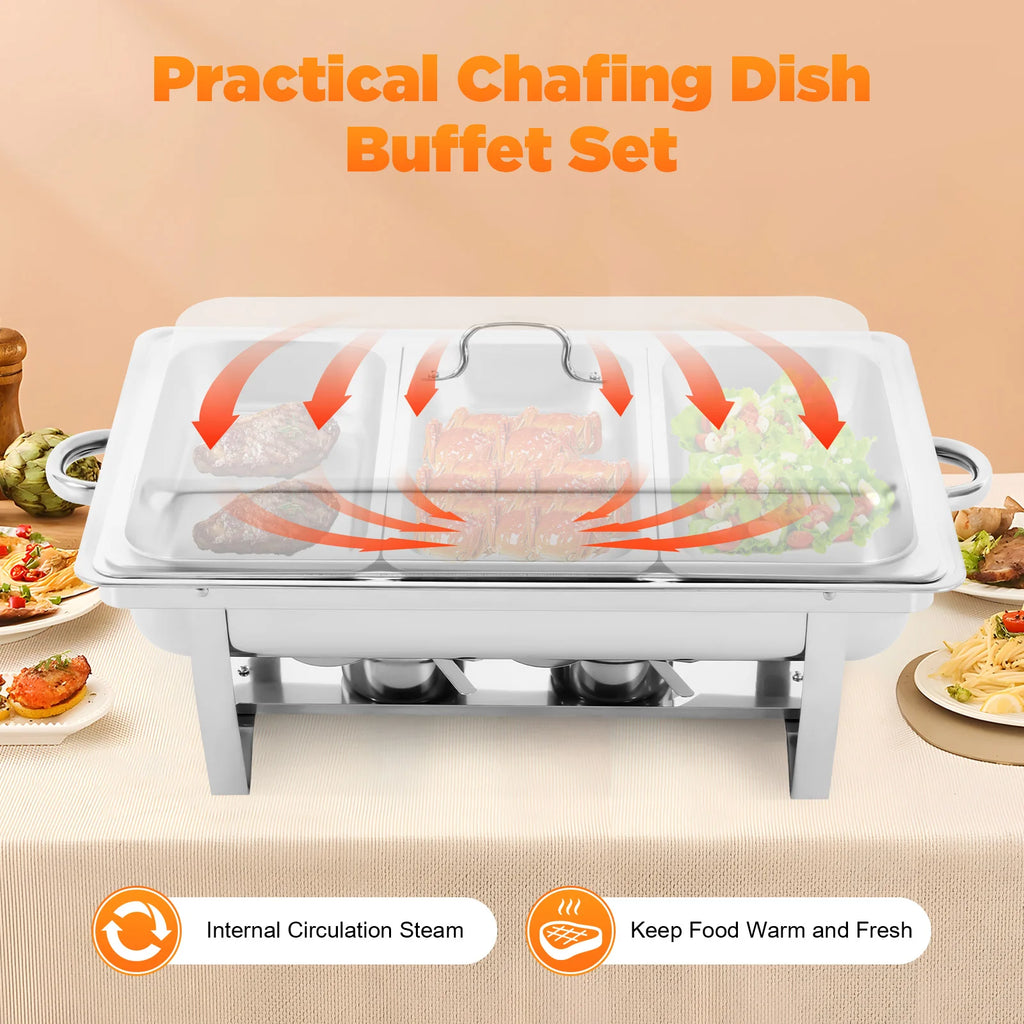 3-Piece Chafing Dish Buffet Set, Three 2.5L/0.66Gal Buffet Servers &amp; Food Warmers, Rectangular, Stainless Steel