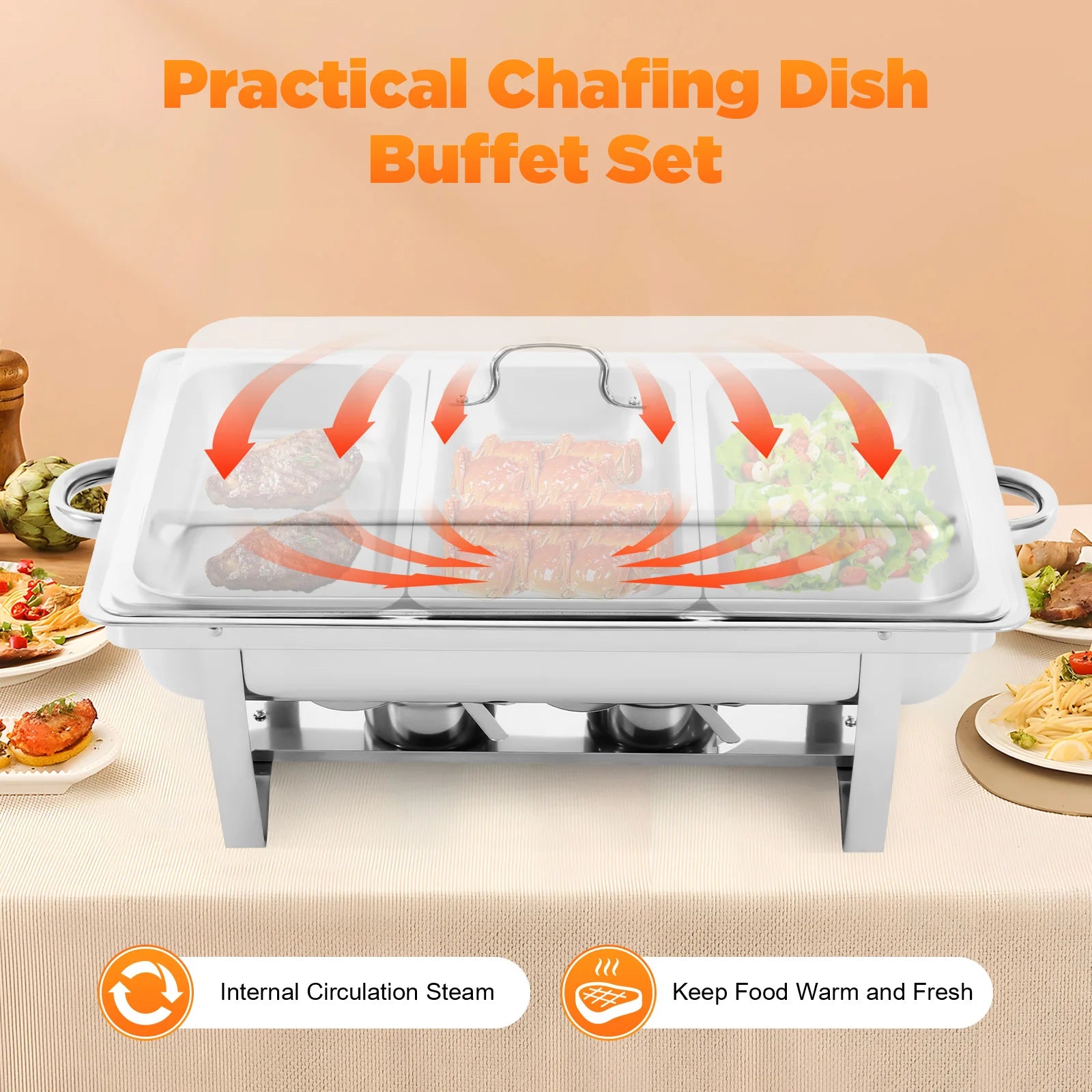 3-Piece Chafing Dish Buffet Set, Three 2.5L/0.66Gal Buffet Servers &amp; Food Warmers, Rectangular, Stainless Steel