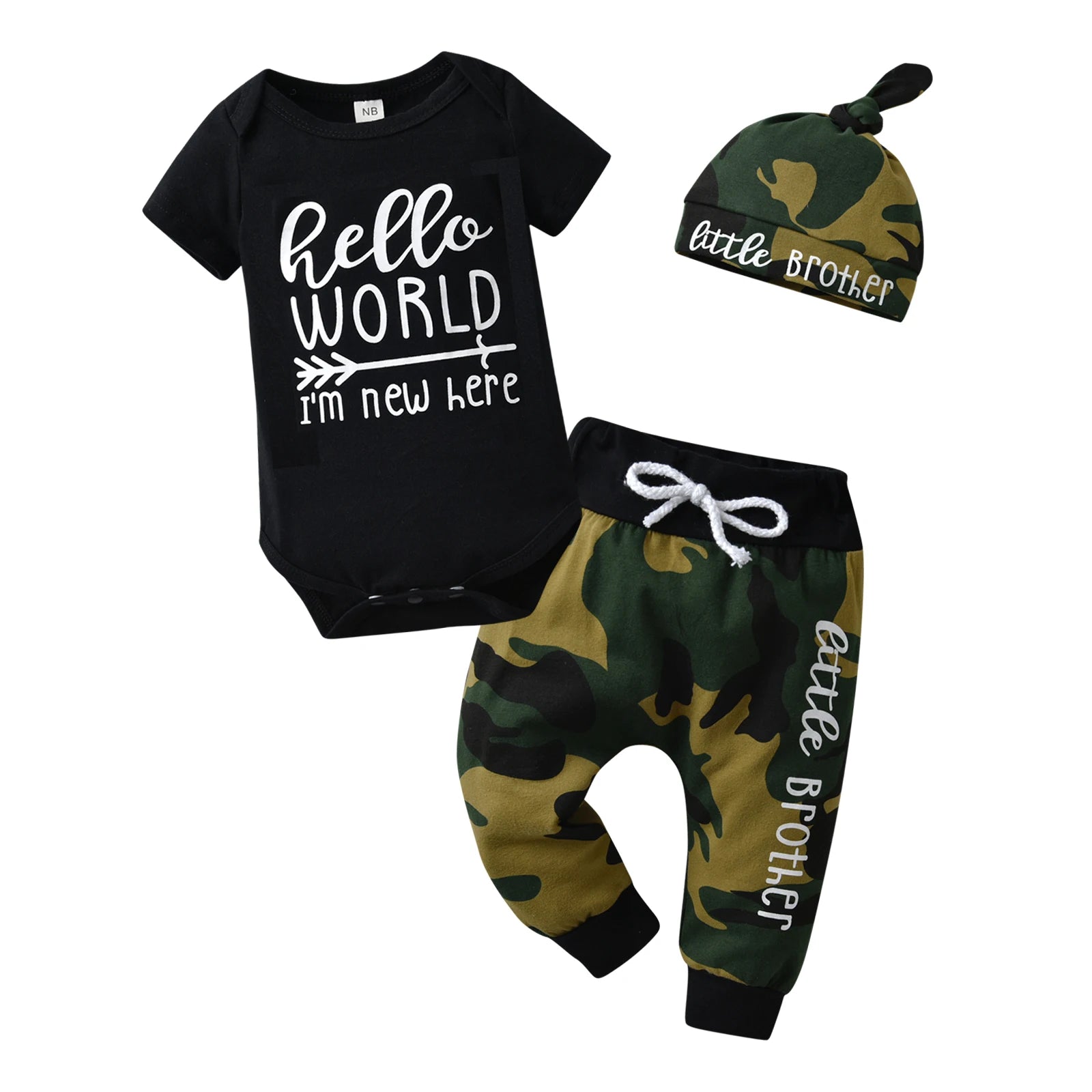 New Summer Newborn infant Baby Boy Fashion Clothes Set Patchwork Short Sleeve Romper Top and Long Pants with Hat 3PCS Outfit