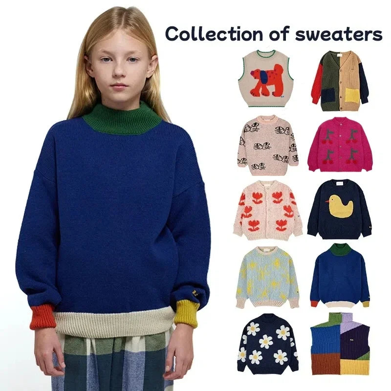 2025 Children's Autumn/Winter INS Style Girls' Cartoon Color Blocked Pullover Vest Cardigan Boys' Single Breasted Knint Sweater