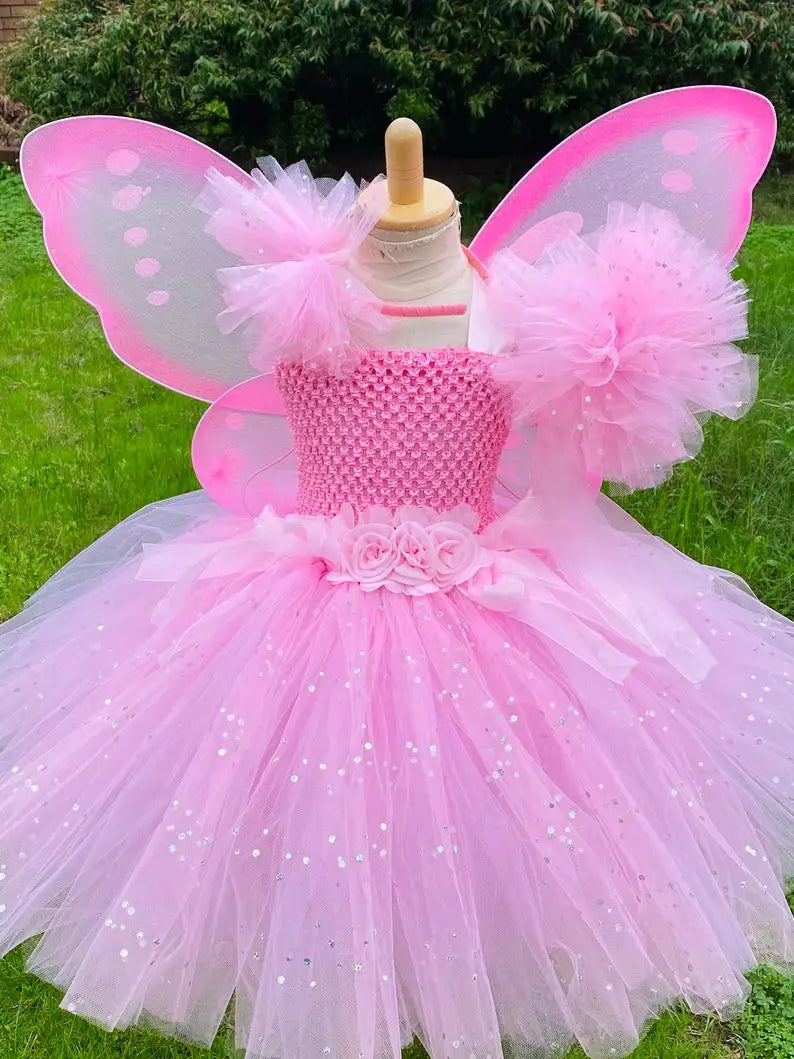 Girls Pink Fairy Dress Kids Glitter Tutu Flower Dresses with Wing and Stick Hairbow Children Birthday Halloween Party Costumes
