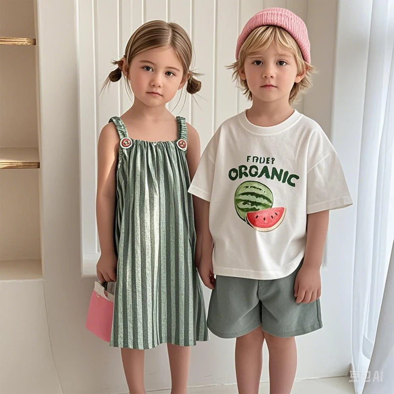 Children Clothes 2025 Summer New Cotton Stripe Baby Girl Suspender Dress Or Boy's Suit Brother And Sister Clothes