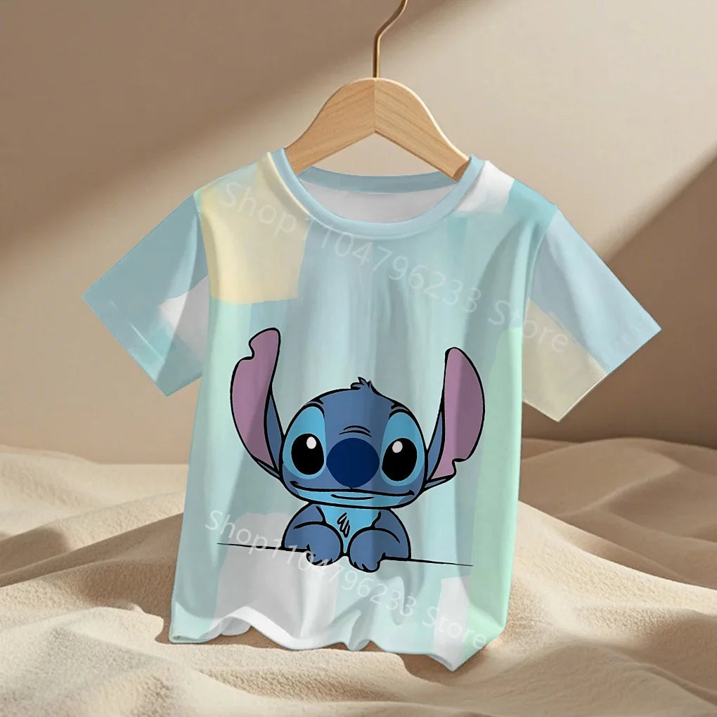 3-14Y Children's Disney Stitch T Shirts Summer Girls Lovely Short Sleeve Daily Casual Tops Boys T-shirt Homewear Graphic Tees