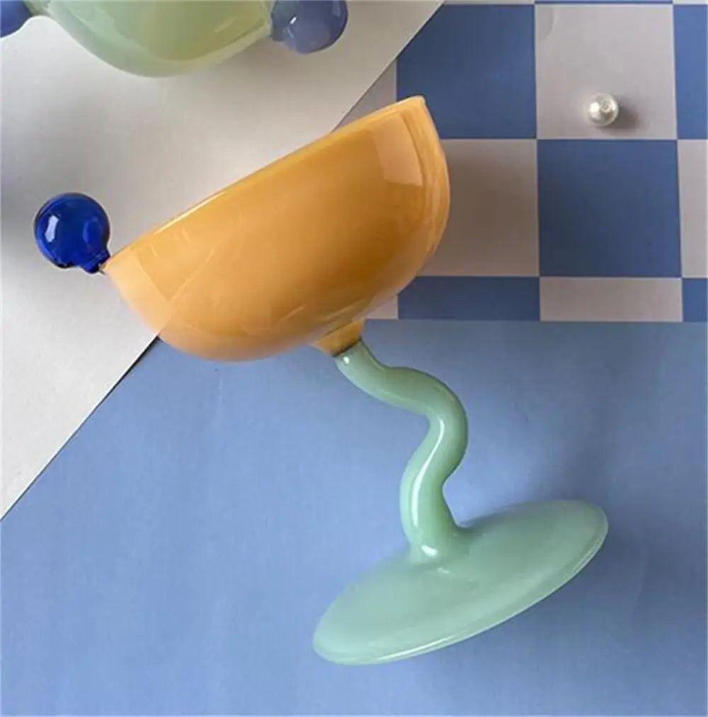 Round Bowl Goblet Dessert Glass Mug S-shaped Cup Stem Ice Cream Bowl Cup Milkshake Dessert Cup Colored Borosilicate Glass