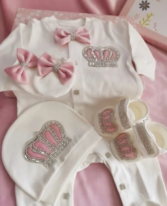 4pcs Take me Home Romper Set Baby Blanket Hat Gloves Shoes Set 39 week Pregnant Woman Photographyh Royal Crown Jewelry Suit
