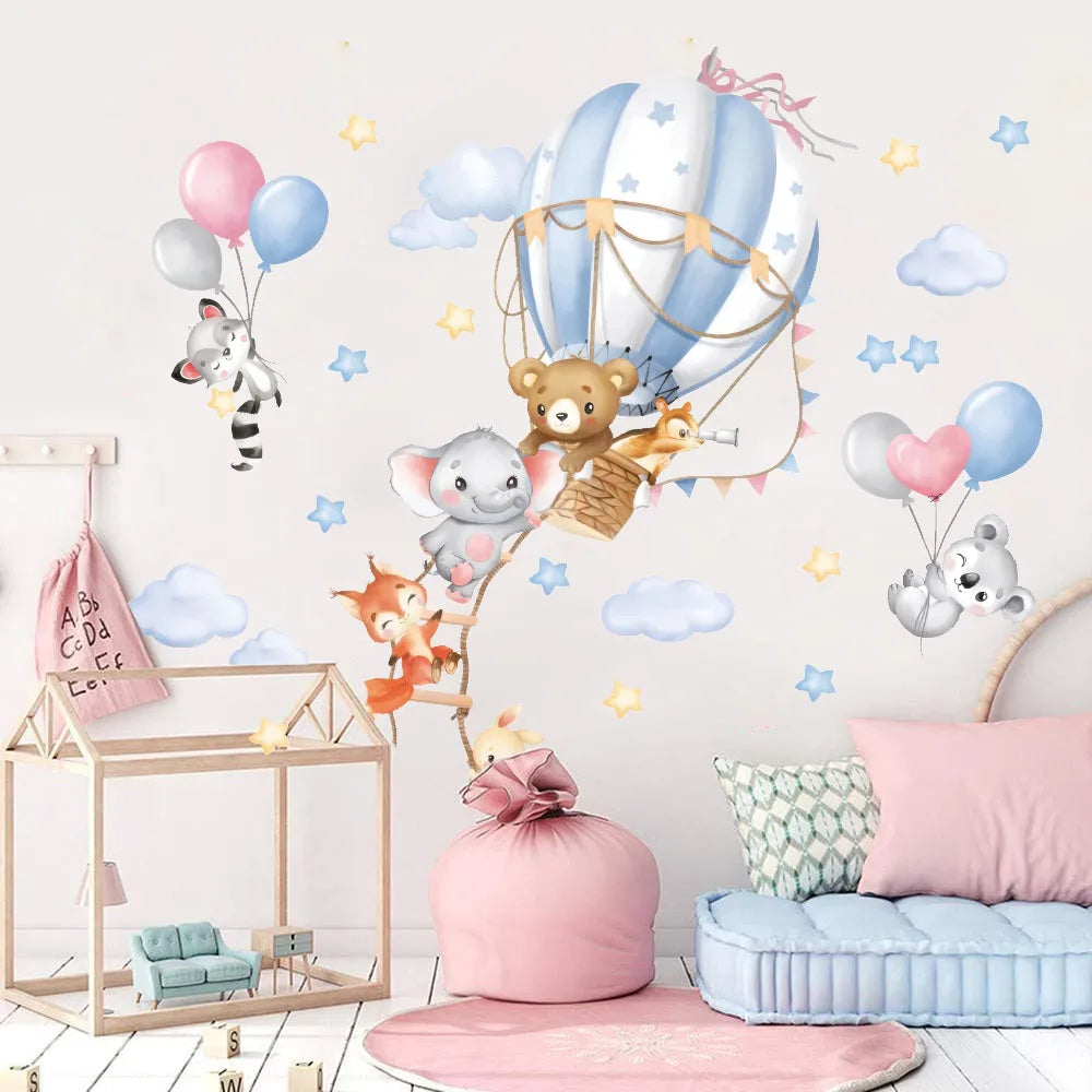 Large Hot Air Balloon Animals Wall Sticker Baby Nursery Kids Room Bear Elephant Fox Wall Decal Playroom Bedroom Home Decor