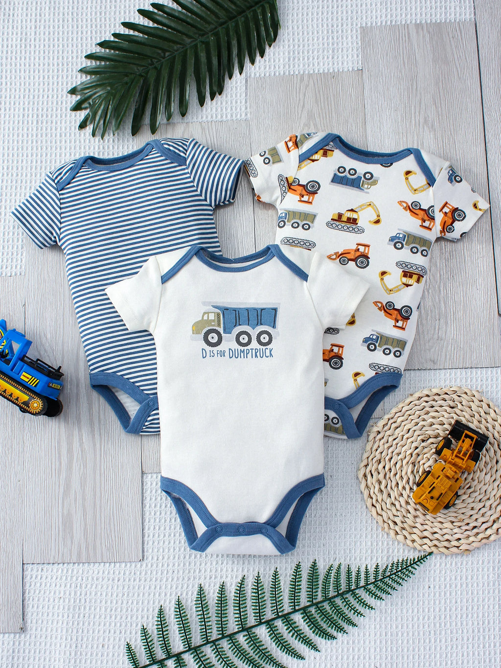 3PCS Summer Boys Baby Bodysuit Three piece Set Cartoon Truck and Stripe Pattern Short Sleeve Button Design Triangle Bodysuit