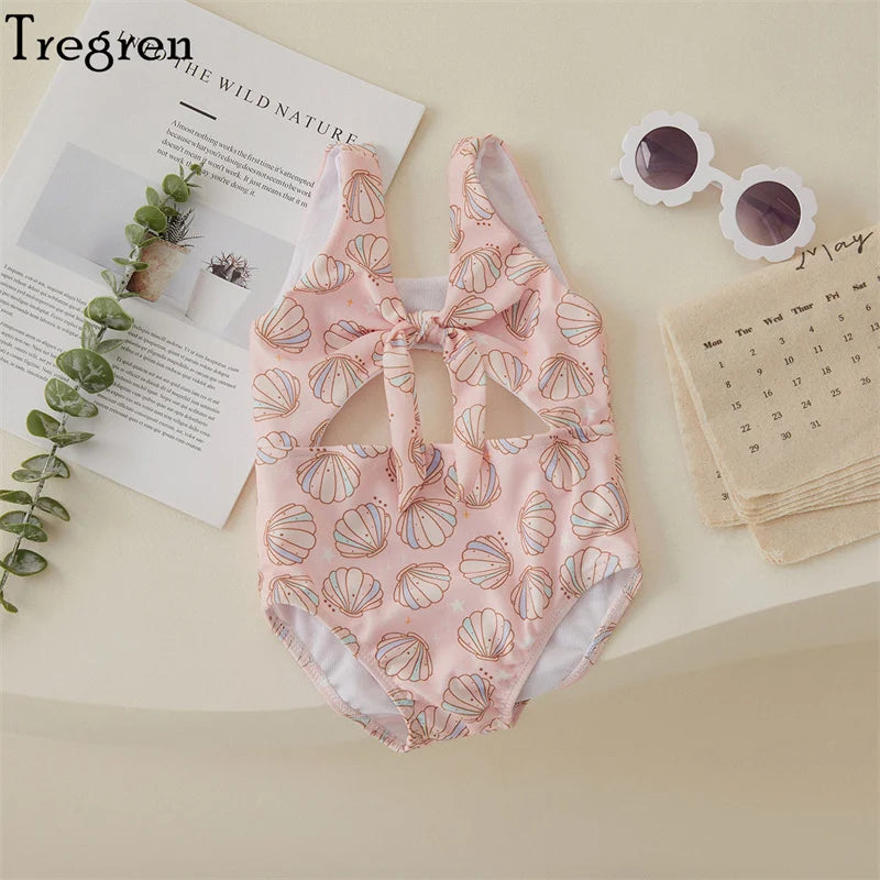 Tregren Toddler Baby Girls Swimwear Summer Sleeveless Floral/Shell Print Hollow Bathing Suit Swimming Pool Hot Spring Swimsuit